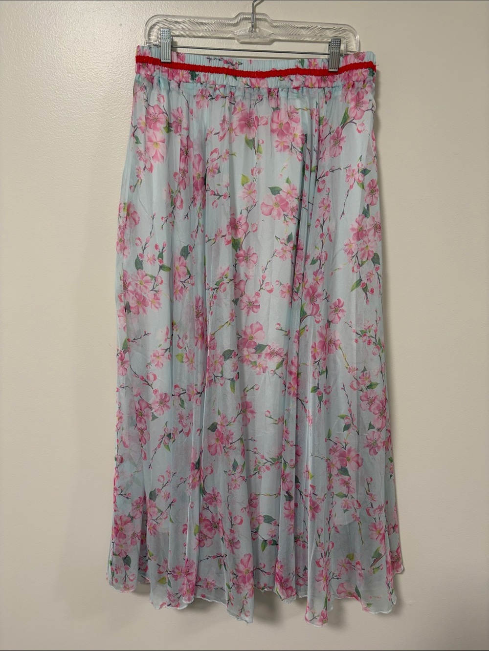 Amazon Light Blue Maxi Skirt with Pink Floral Pattern
